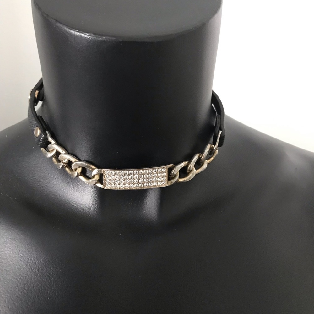 Leather choker with Swarovski stones and silver/ gold chain